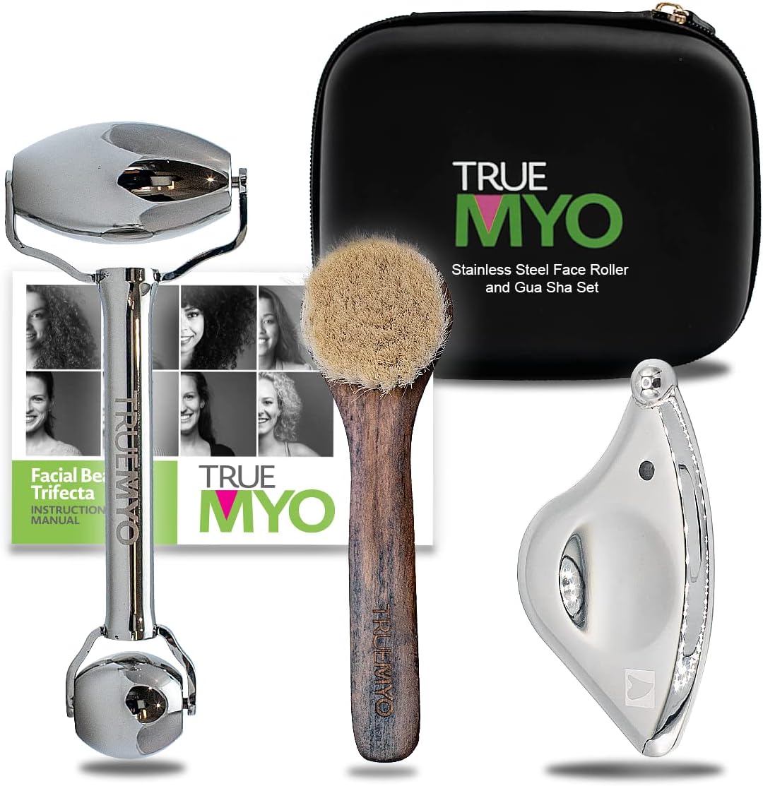 Gua Sha Facial Tools Beauty Trifecta with Stainless Steel Face Roller Massager, Dry Brush, Upgrade from Your Jade Roller Stone Guasha Tool, Beauty Tools Accessories (Beauty Trifecta)