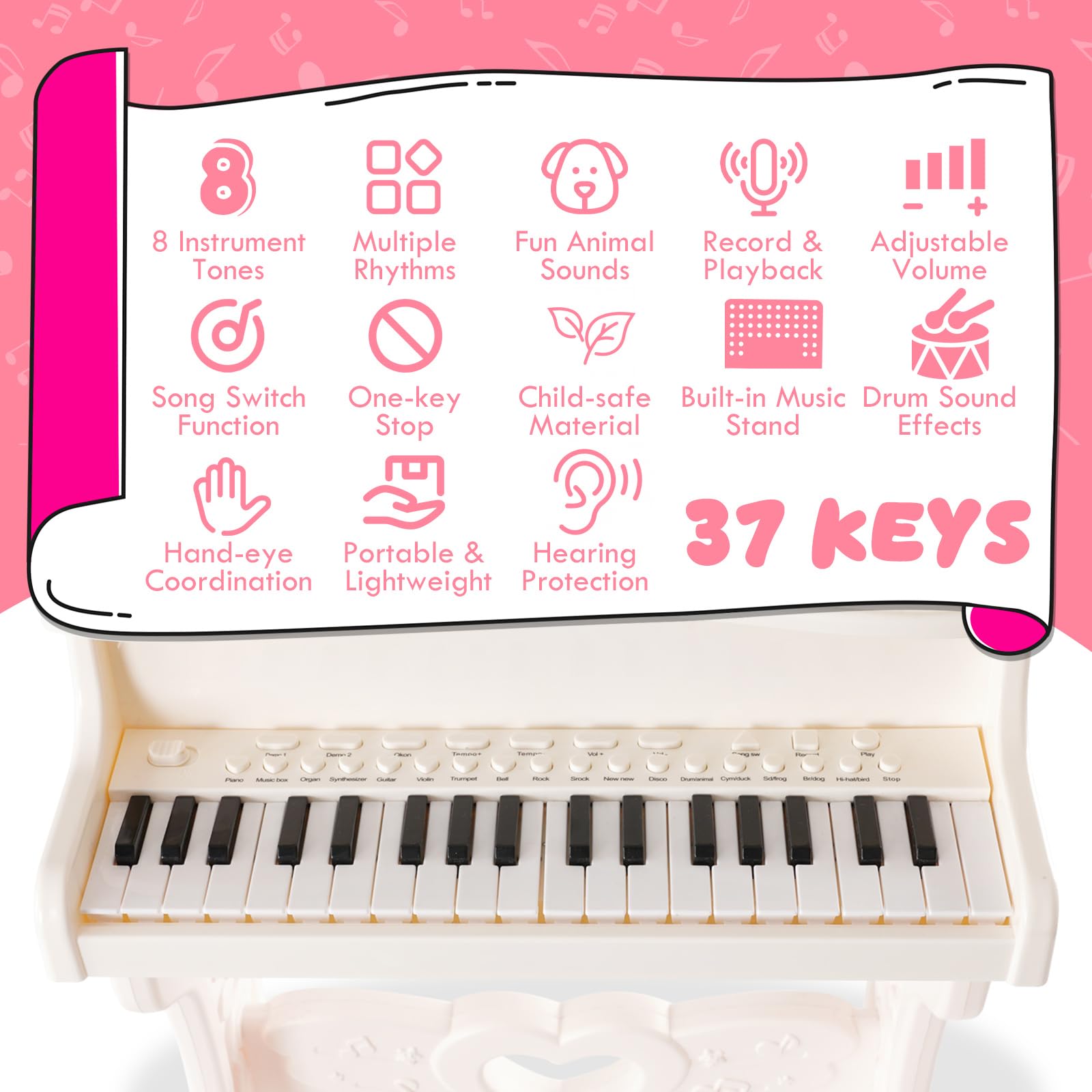 Teclado Electrónico Piano 37 Teclas, Teclado de Piano Portátil para niños, Piano Infantil Teclado Musical con Micrófono, Organo Electronico Niños Educativa Regalo Piano para Niños 3 4 5 6 7 Años