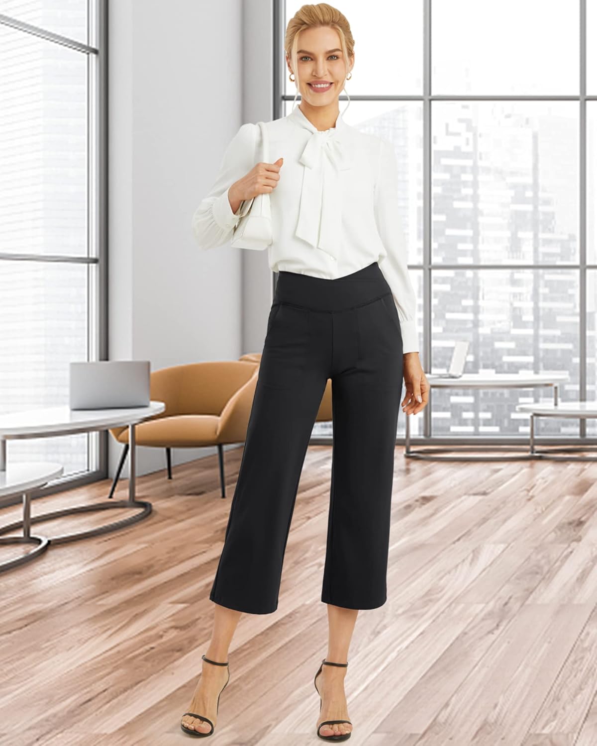 G4Free Capri Pants for Women Wide Leg Yoga Dress Capris with Pockets Cross Loose Casual Work Crop Pants
