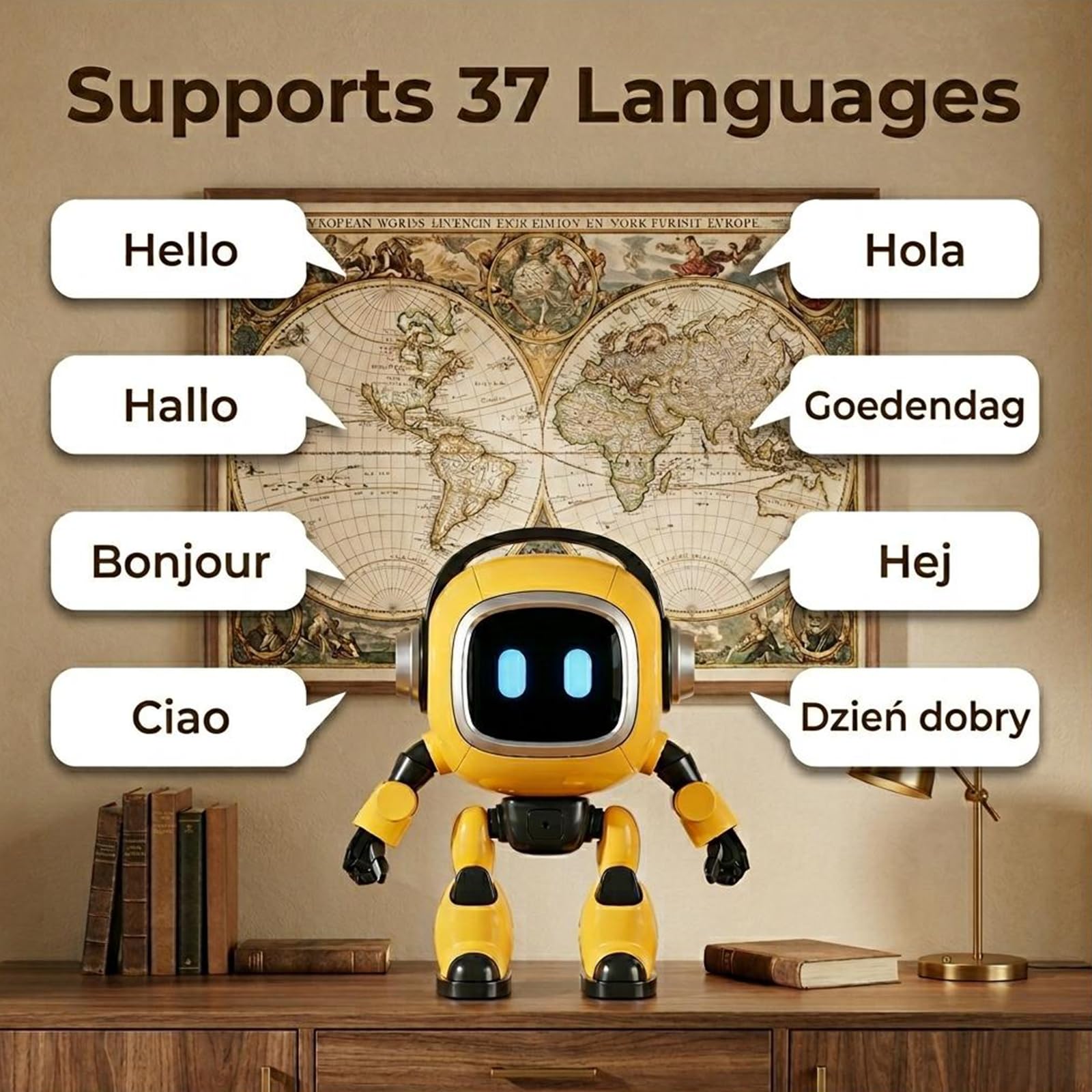 AI Smart Tutor Robot z 4 głównymi modelami AI i naturalną rozmową, 37 językami, opowieści, muzyka, pogoda, głośnik Bluetooth, interaktywne oświetlenie oczu towarzysz nauki w domu