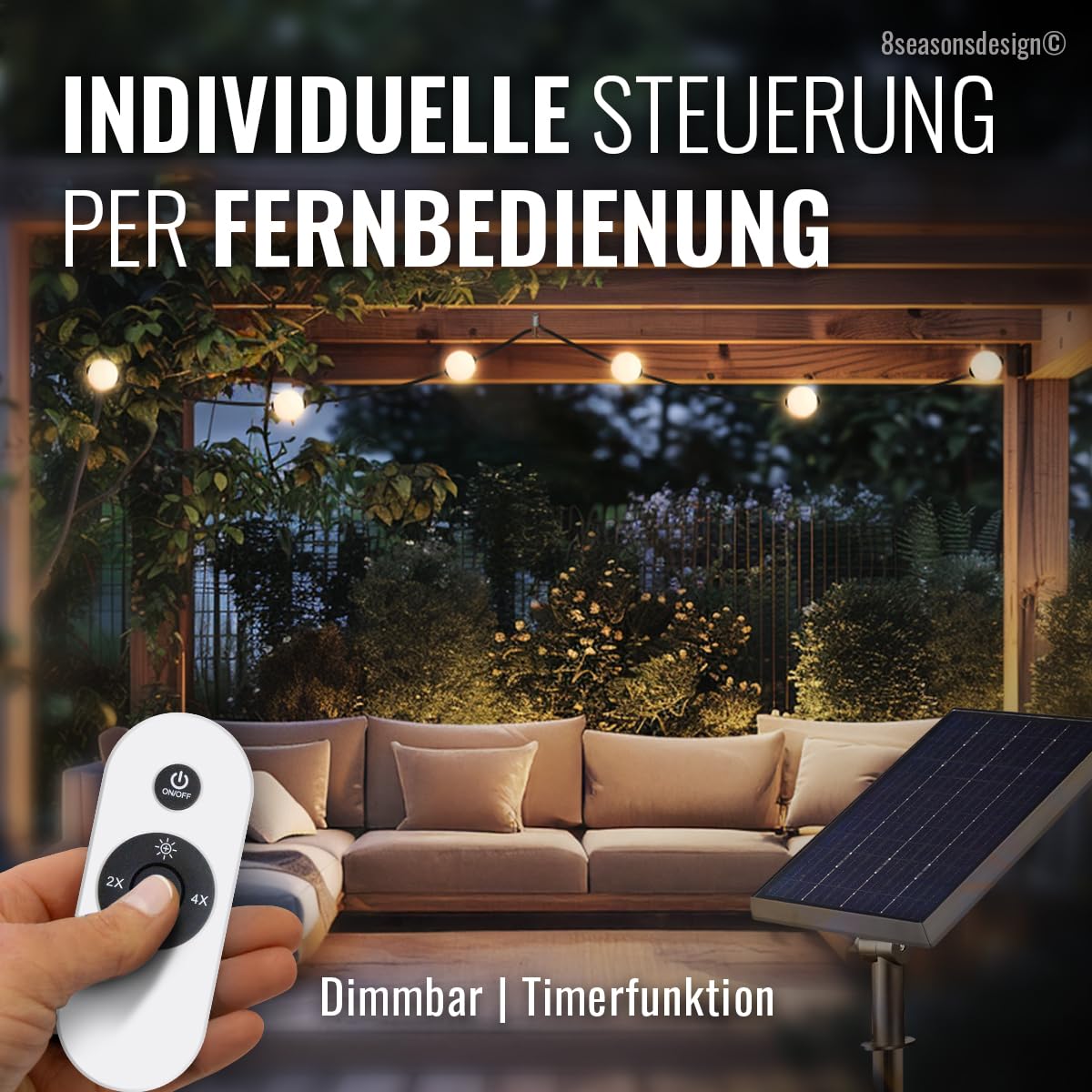 8 seasons design Solar Lichterkette Garten, 5,5m - Glowing Elegance - dimmbar, 6 weiße Kugeln (10 cm D), LED warmweiß, Akku, für außen & innen, inkl. Fernbedienung, mit USB-C aufladbar