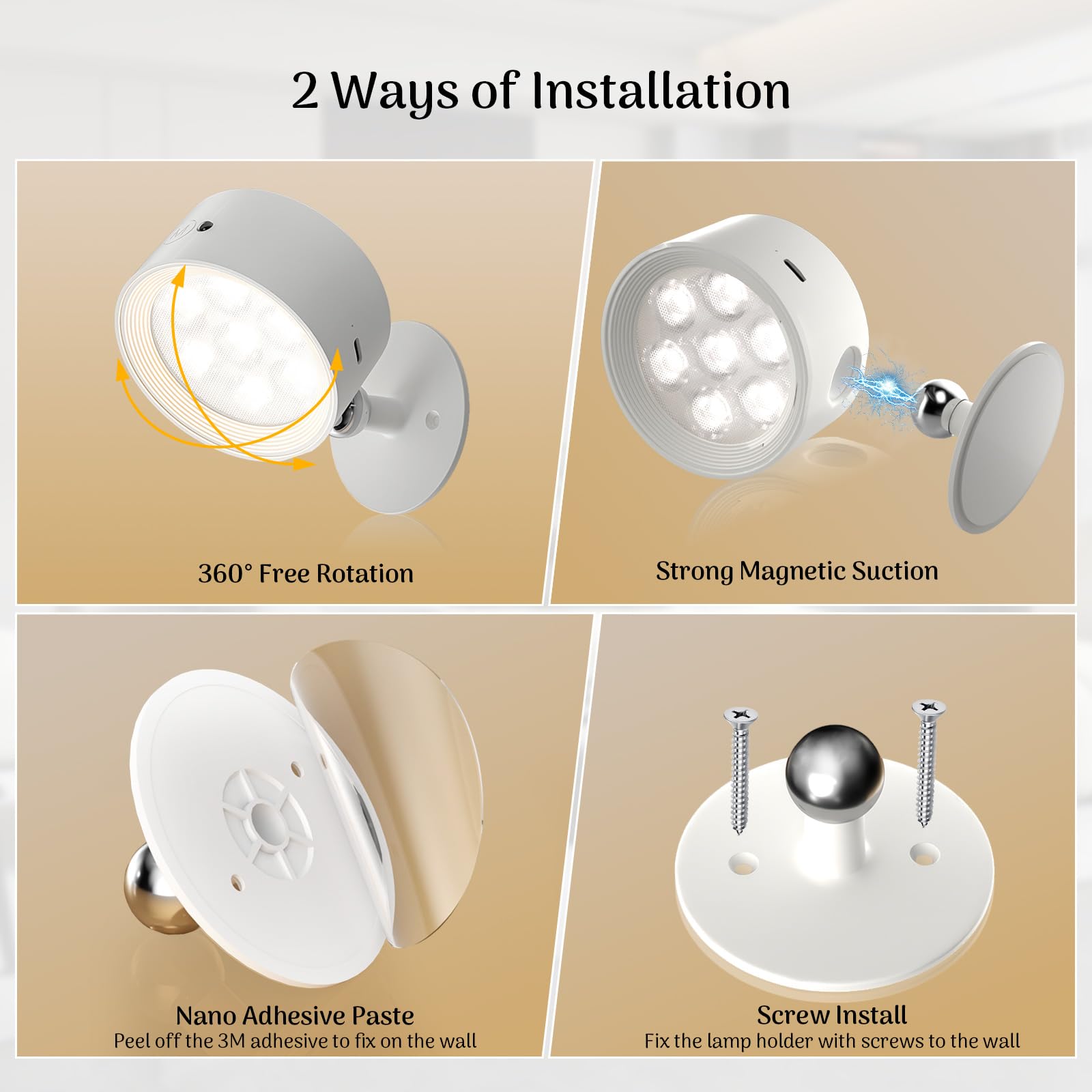 Lamparas Pared Sin Cable 2 Piezas, Aplique Pared Interior Inalámbricos Recargables con Control Remoto y Táctil, 3 Temperaturas Regulables Batería 4400mAh, Rotación Magnética 360° para Dormitorio