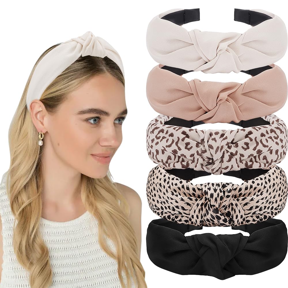 Paquete de 5 diademas anudadas para mujer, diademas gruesas de moda con nudo superior, antideslizantes, lindos accesorios para el cabello, multiestilo, paquete de diademas para mujer (neutro)