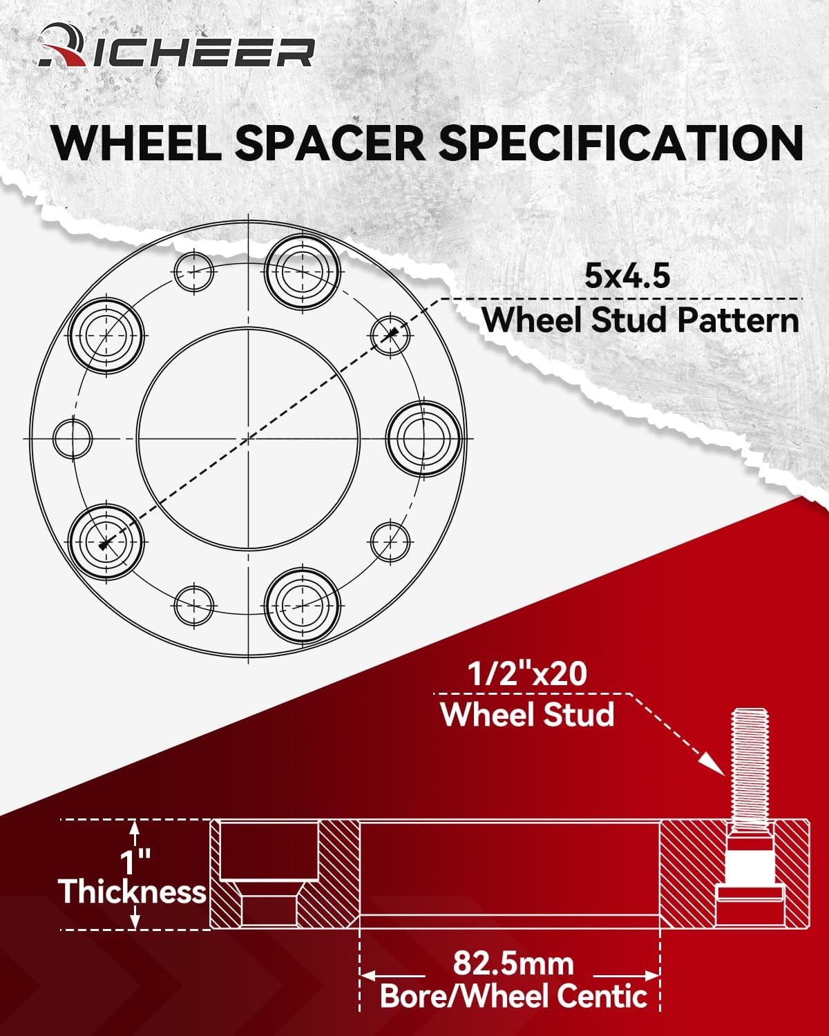 Richeer 5x4.5 Wheel Spacers for YJ TJ XJ KJ KK ZJ Wrangler Explorer Mustang Edge Ranger, 4PCS 1 inch 5x114.3mm 5 Lug Forged Wheel Spacer with 1/2-20 Studs 82.5 mm Center Bore