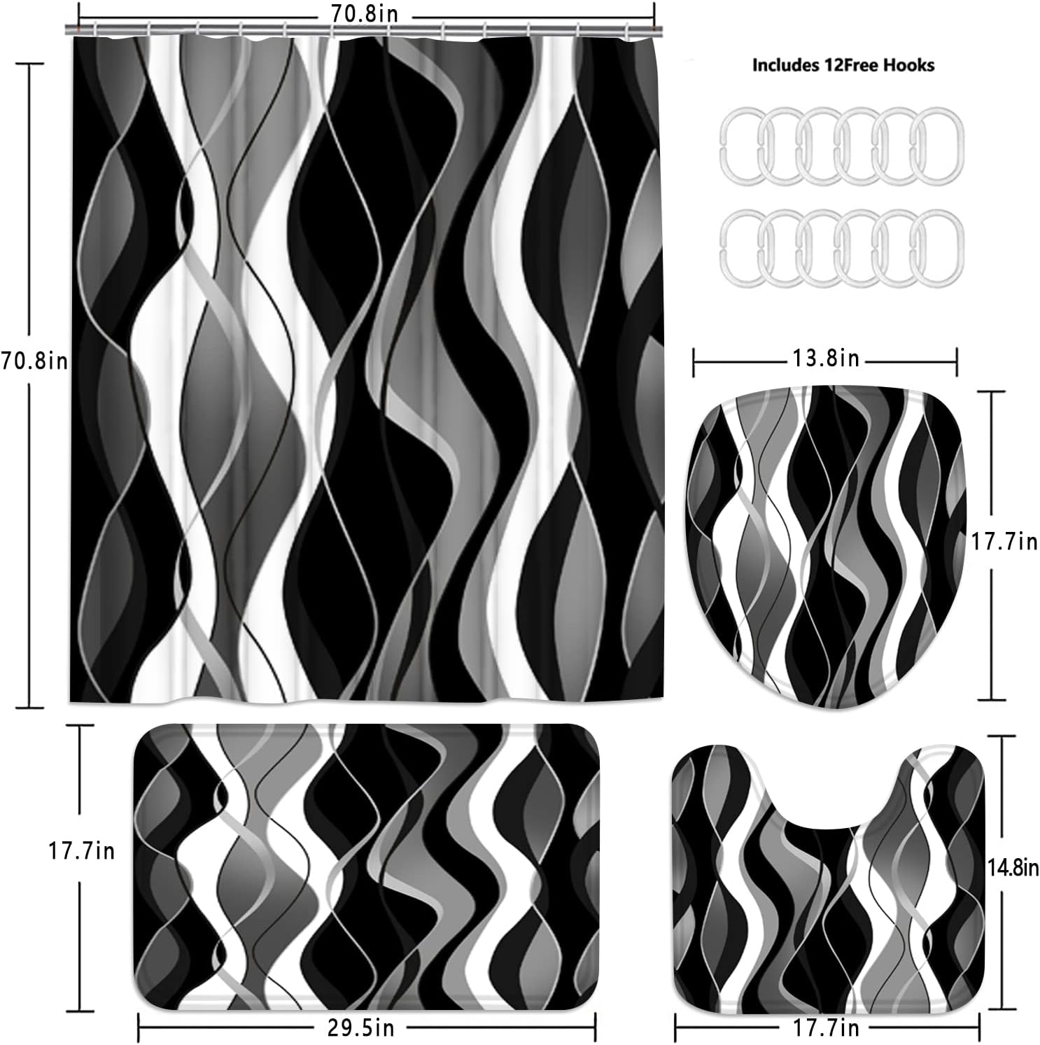 Nkzply 4 Pcs Black and White Striped Shower Curtain Set Black and Grey Bathroom Sets with Shower Curtain and Rugs Modern Home Bathroom Decor Shower Curtains with Rugs and Toilet Lid Cover