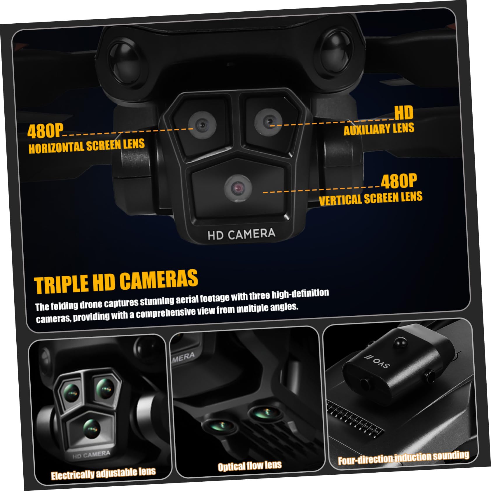 Drone Pieghevole Max con Tripla Fotocamera Hd, Nero | Lente Elettrica Regolabile 150°, Doppia Batteria 1800mah 3.7v, Controllo Tramite App