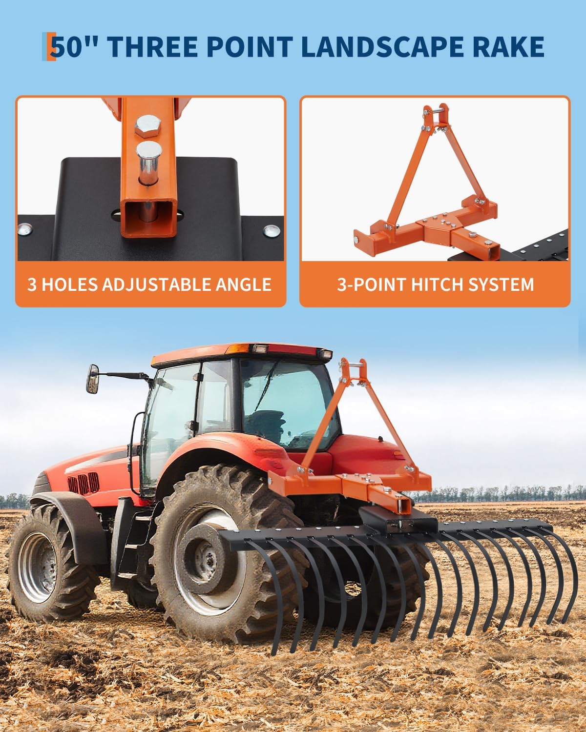 50 in Landscape Rake,3 Point Hitch Tractor Rake Category-0 Cat-1 Tractor with 360 Degree Rotation,Replaceable Spring Steel Tines, Quick Mount for Clearing Brush, Raking Arenas, Soil Preparation