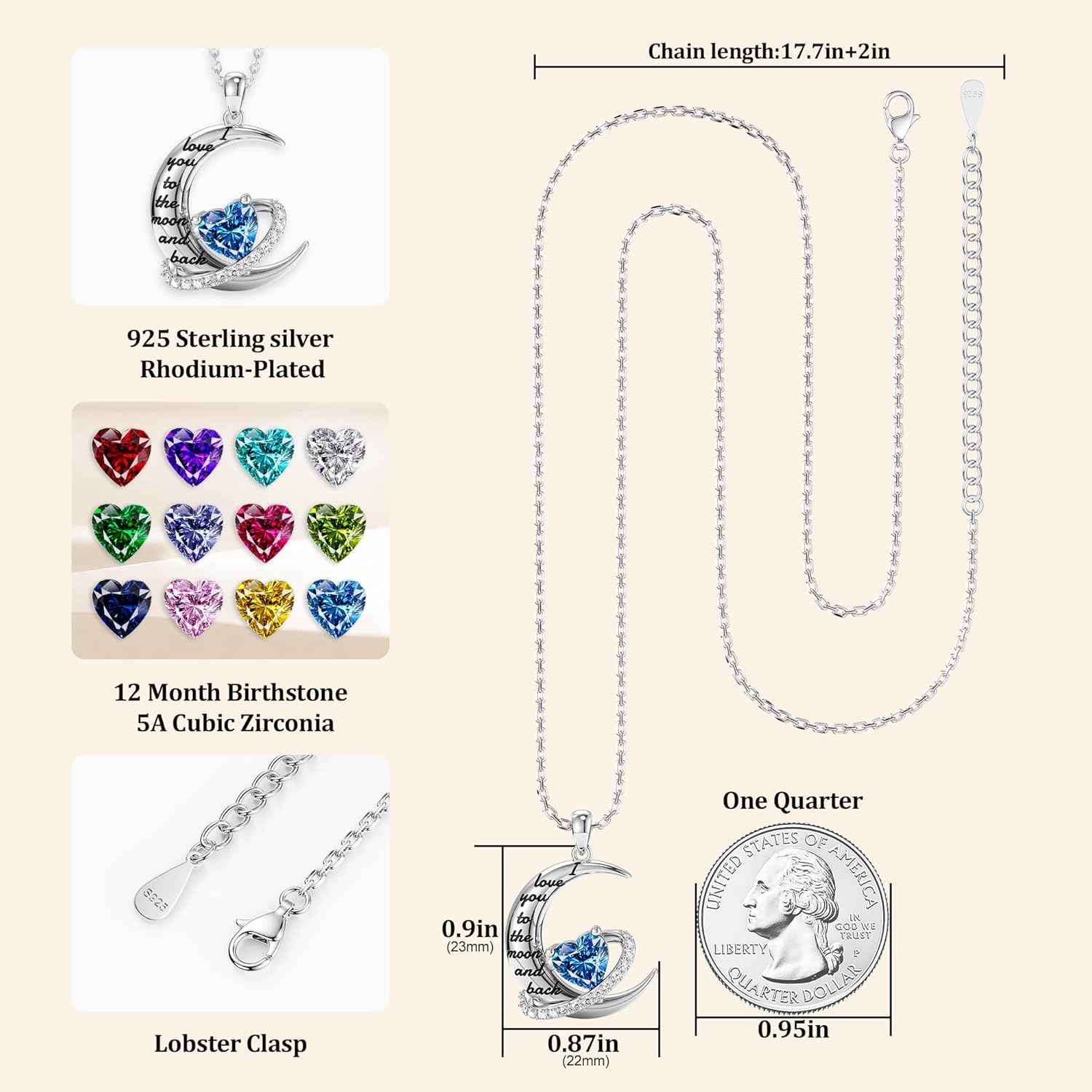 Distance Valentine's Day Gift I Love You to The Moon and Back Necklace for Women, S925 Sterling Silver Forever Love Heart Birthstone Necklace, Anniversary Birthday Jewelry Gifts for Her Wife Lover - Image 5