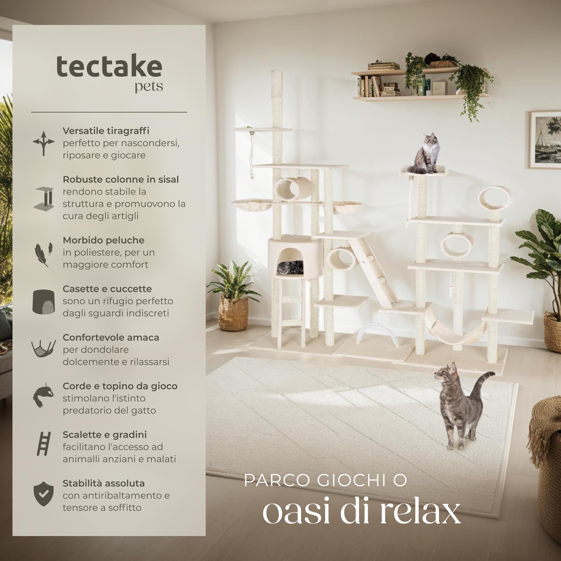 Tectake® Tiragraffi XXL per Gatti Con Cuccette Morbide, Colonne in Sisal, Topolino Giocattolo, Amaca - Albero Con Giochi, 261 cm - Beige