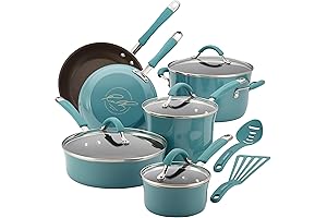 Rachael Ray Cucina Nonstick Cookware Pots and Pans Set, 12 Piece, Agave Blue