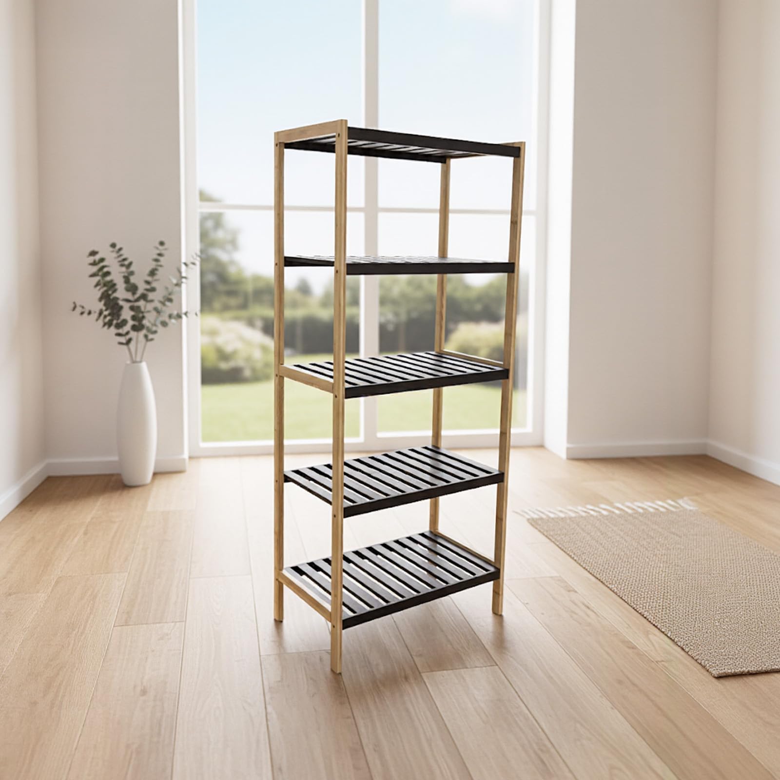Vertikales Regal aus Bambus, 5 Ebenen, mit schwarzen Regalböden