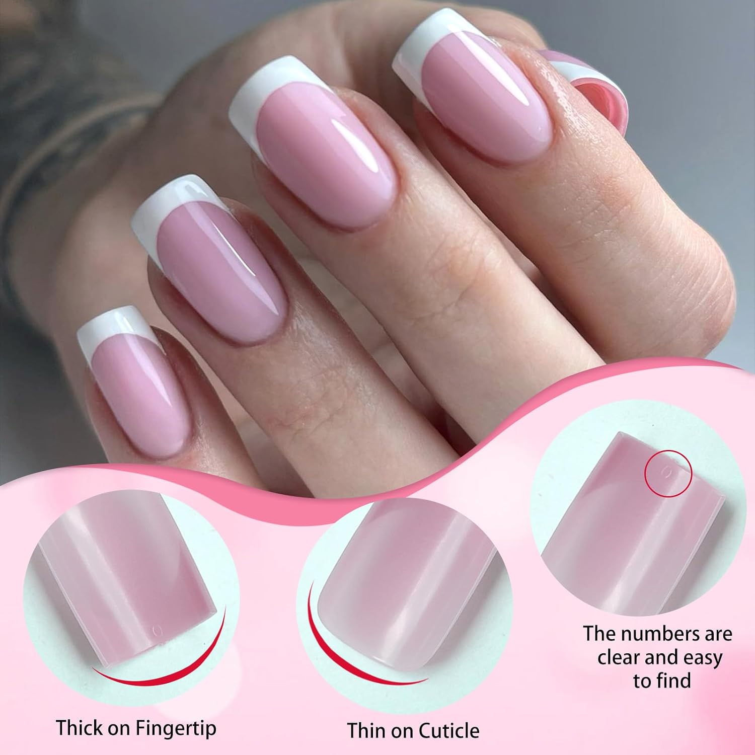 LoveOurHome 216pc White French Tips Press on Nails Medium Fake Nails Square, Pink Nude Medium Glue on Nails Press ons Nail Square Acrylic Nail French False Fingernail with Glue Tabs for Women Girls