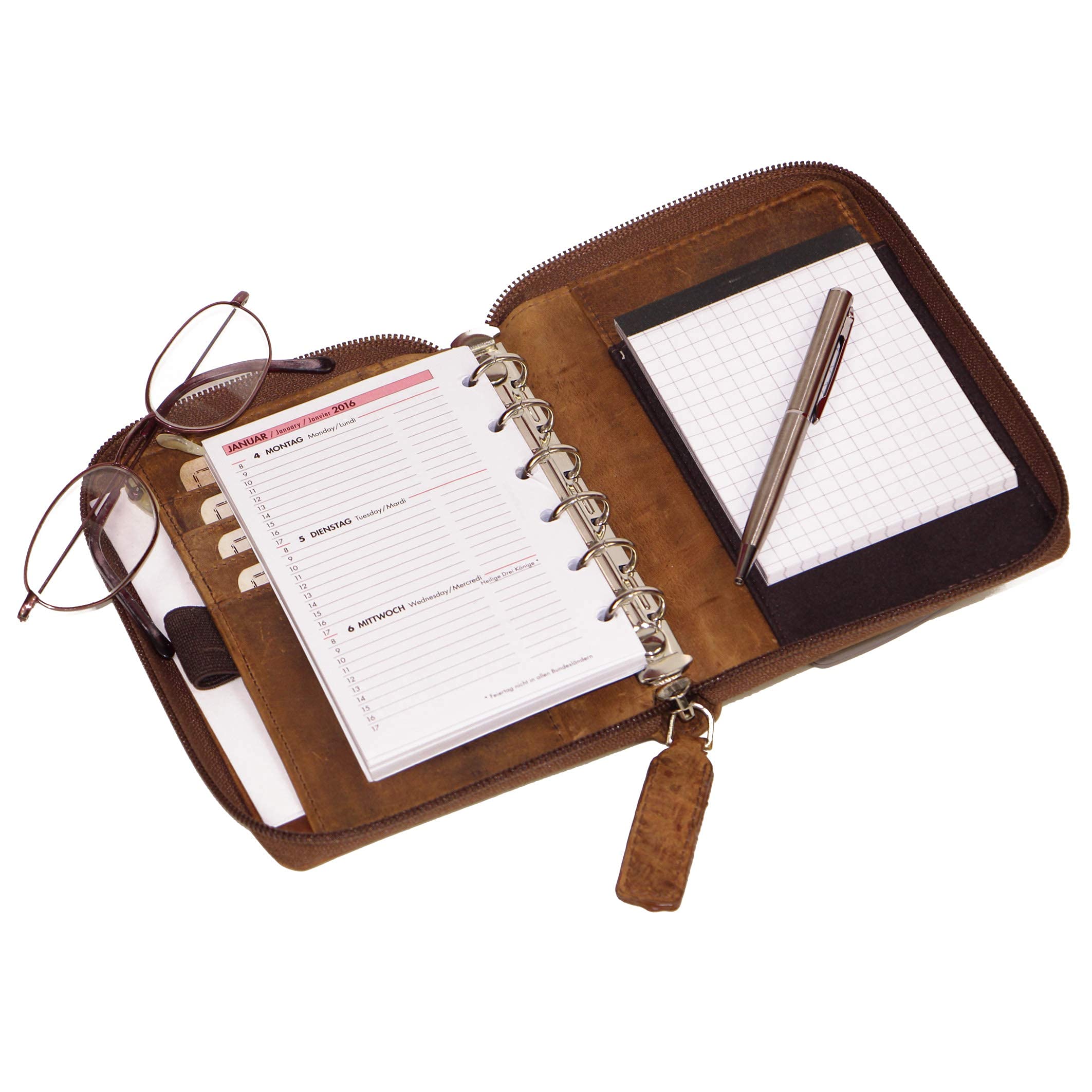ALMADIH Leder A7 Organizer Reißverschluss Kalender 2026 Notizblock Premium Rindsleder Braun Vintage Geschenkbox Ledermappe Mappe Terminplaner Terminkalender Ringbuchmappe Mini Pocket (Org A7 BV)
