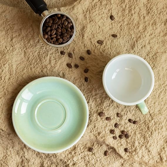 Loveramics Coffee Cup Ceramic, 8 oz Latte Art Cup with Saucer for Cappuccino, Tea, Espresso, Thick - walled stoneware Cappuccino mug Set for Cafe and Barista - Potters Colours (Basil, 8OZ)