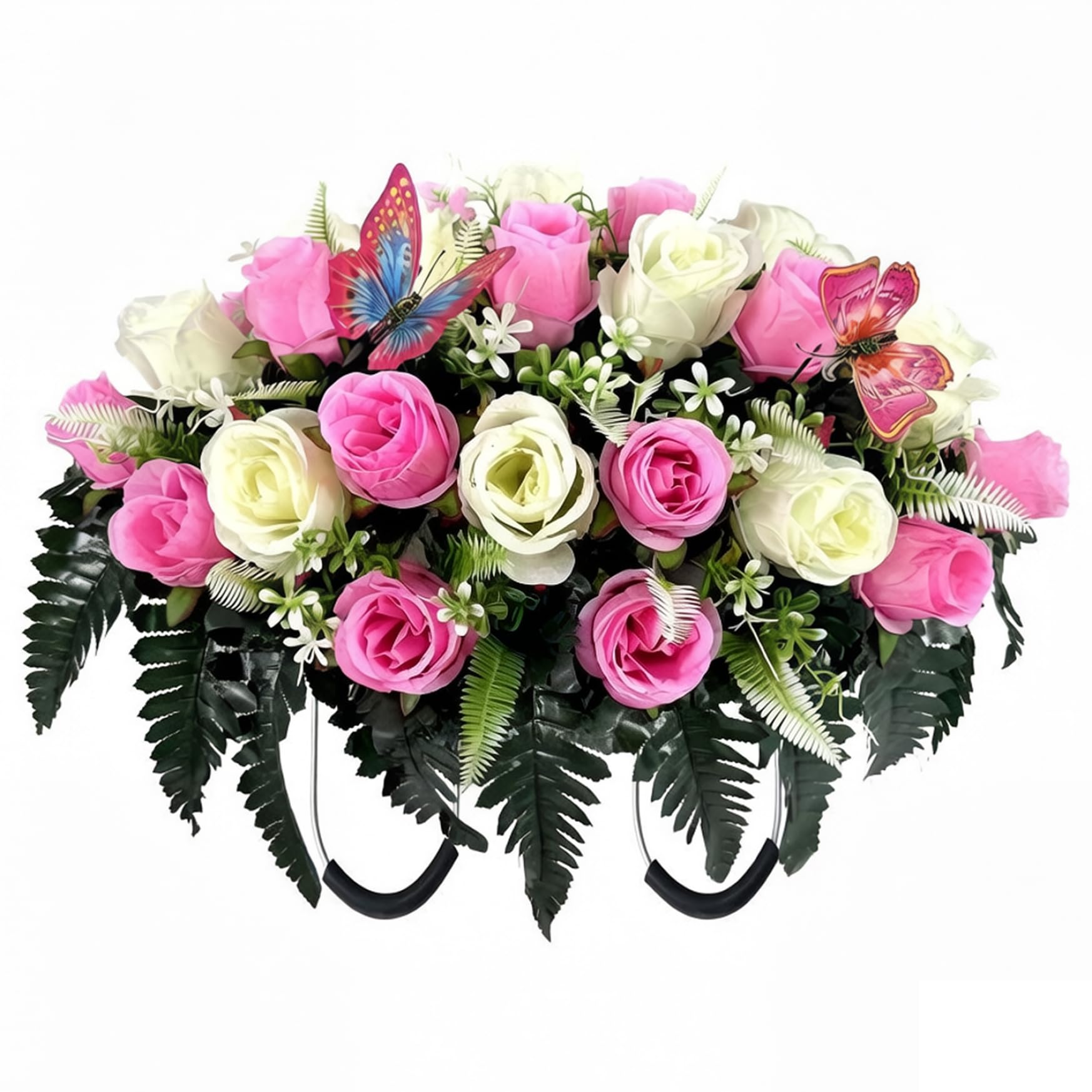 Selle funéraire pierre tombale roses artificielles papillons soie 55x45 cm