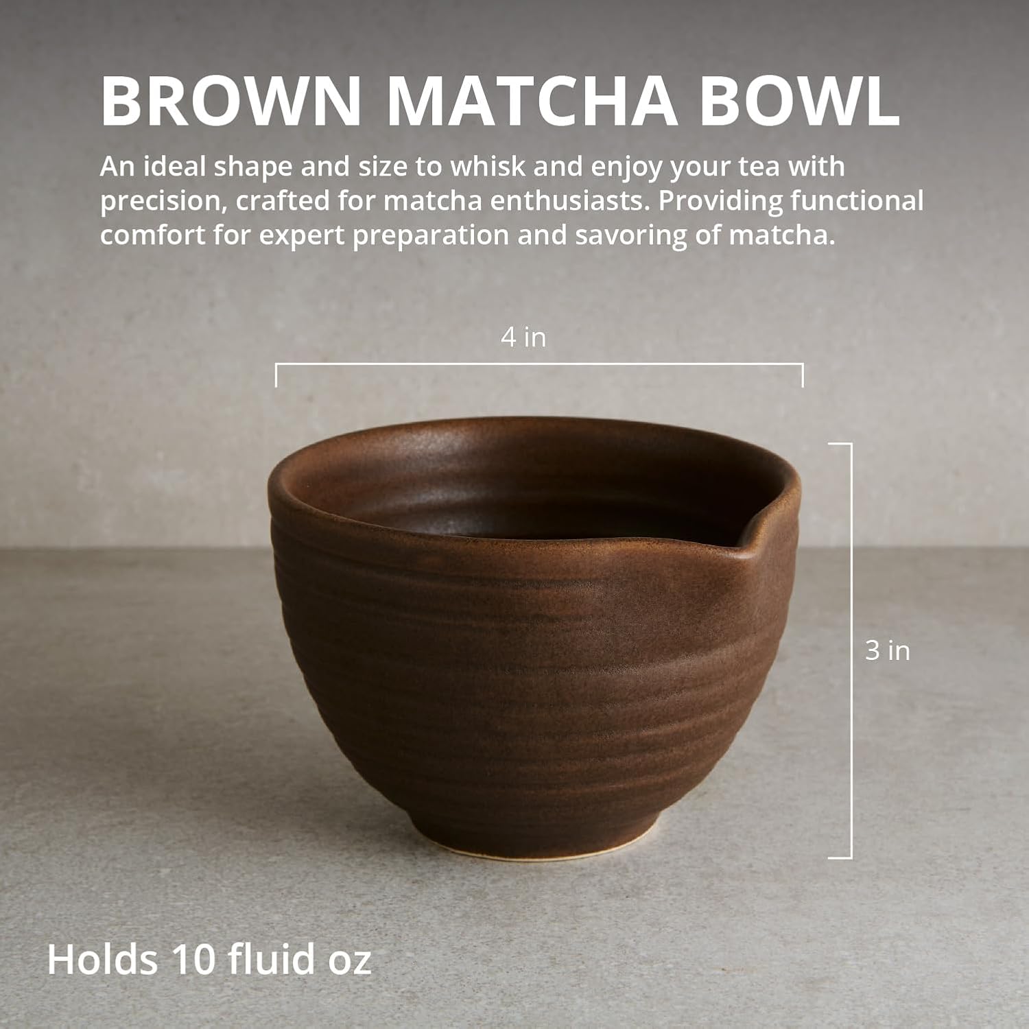 Goodies Brown Matcha Bowl, Handmade Ceramic, Glazed, Dishwasher Safe, Microwave Safe, Spill-Free Spout for Easy Mix and Pour, Perfect for Whisked Matcha and Tea, 10 oz