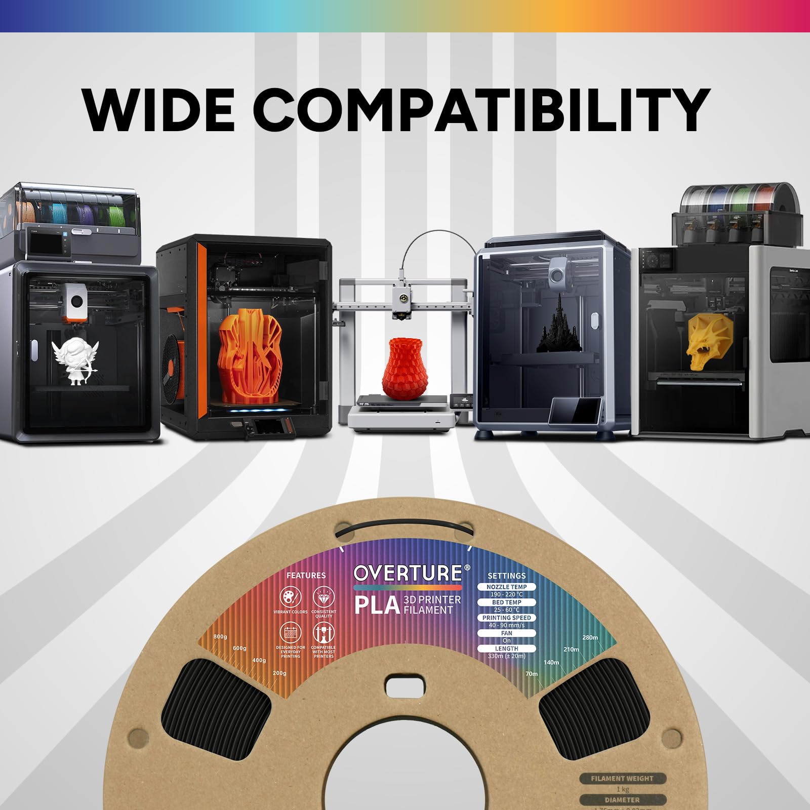OVERTURE Filamento PLA 1.75mm, 2kg Bobina(4.4lbs), Precisione Dimensionale +/- 0.02 mm, per Stampante 3D (Nero 1kg+Bianco 1kg)