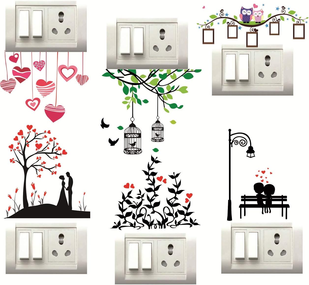 Decor Villa™ Love Heart Switch Board Sticker Floral Stickers Wall Stickers Light Switch Standard, Multicolour - Pack of 1 (6 Stickers) (DBBB0041)