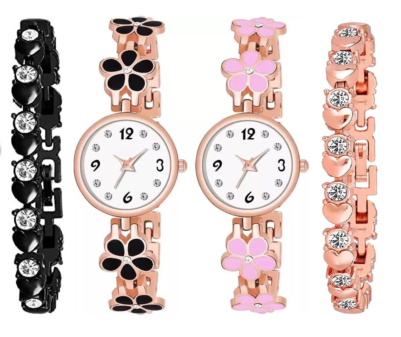 CORXIL Stylish Flower Pattern Round Diamond Dial Analog Gift Wrist Watches with Free Bracelet Combo for Women Pack of - 4 (Black+Pink) (B0CLXY248L) Amazon Price History, Amazon Price Tracker