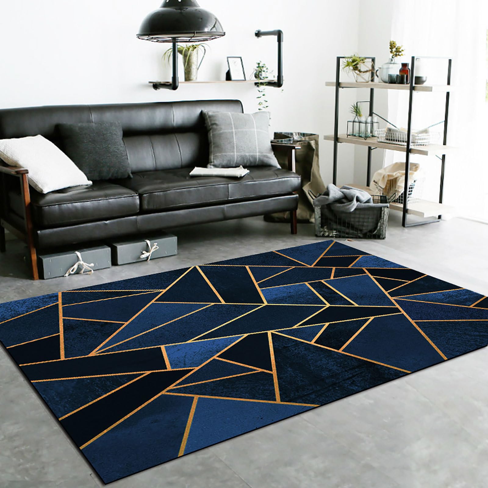 Tappeto Moderno Salotto Pelo Corto Tappeto 60 X 180 CMgeometrico nero blu scuro Grande, Antiscivolo, Lavabile, Cameretta dei Bambini, Soggiorno 60x180cm