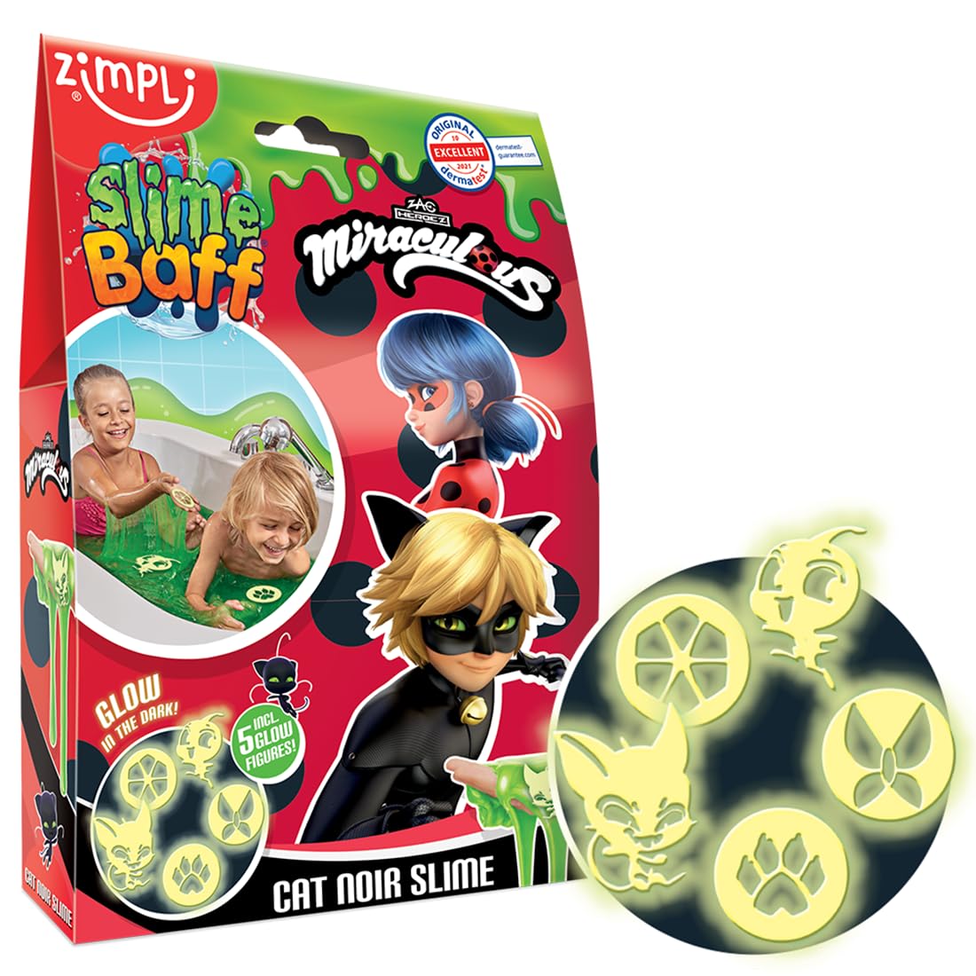 ZIMPLI - Miraculous Cat Noir Slime Baff Green, 5 x Glow-in-the-dark figures, Magically turns water into gooey, colourful slime, Certified Biodegradable