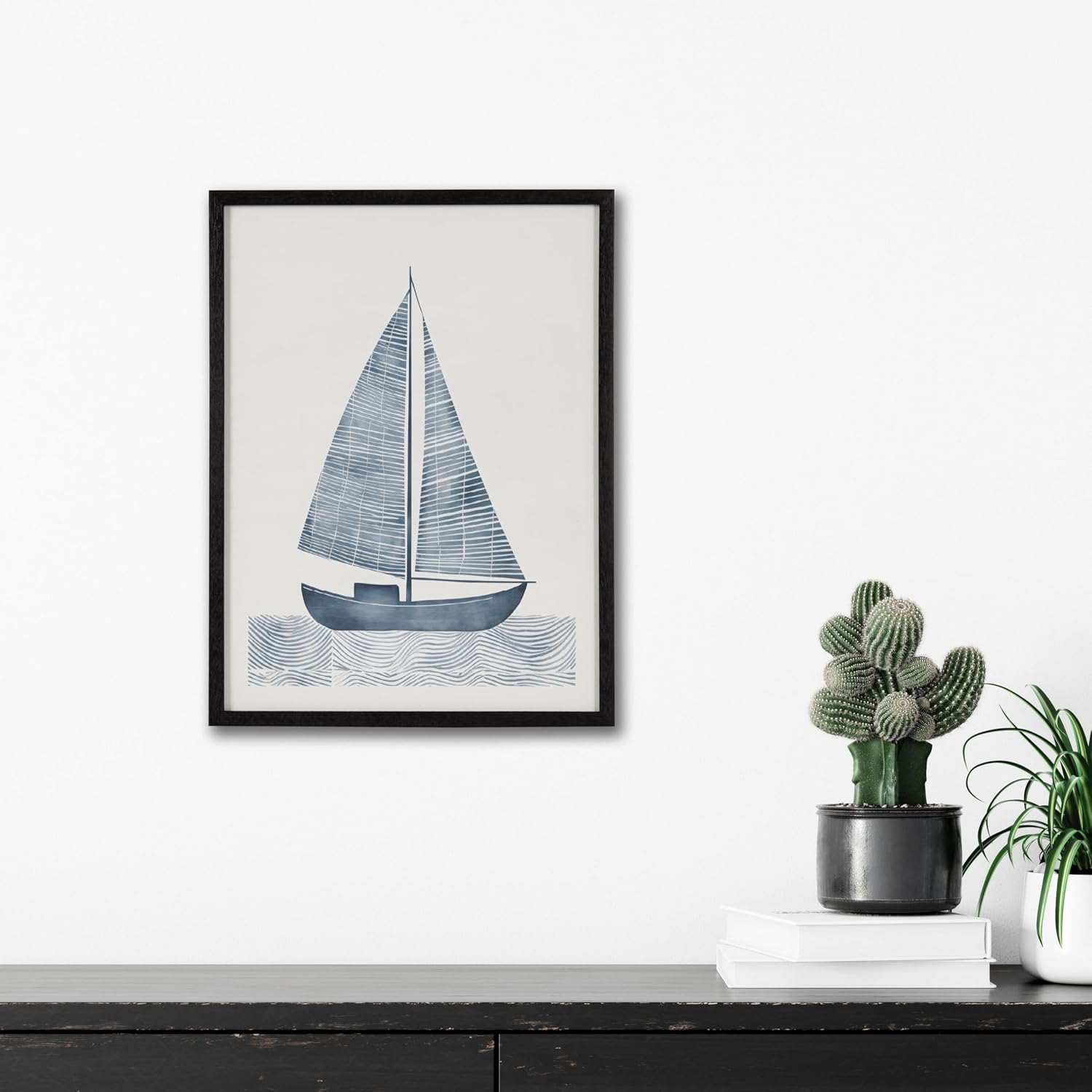 Kate and Laurel Nautical Blue Sailboat Framed Wall Art by The Creative Bunch Studio; 12x16 Black; Modern Coastal Boat Art for Wall