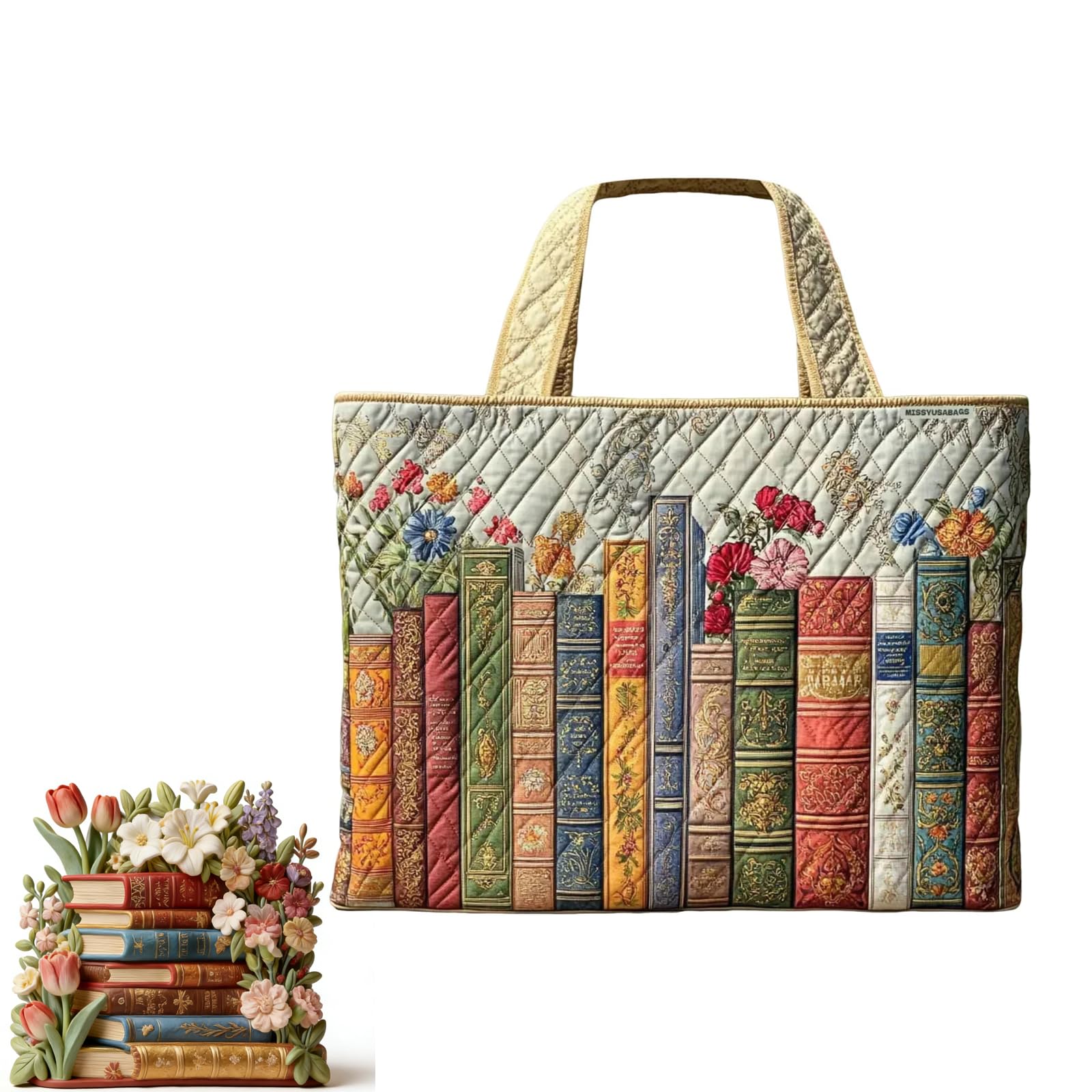 Vintage Book Quilted Tote Bag Women Lightweight Travel Bag Cotton Shoulder Tote Bag For Shopping Grocery & Beach Bag (E 1PCS)
