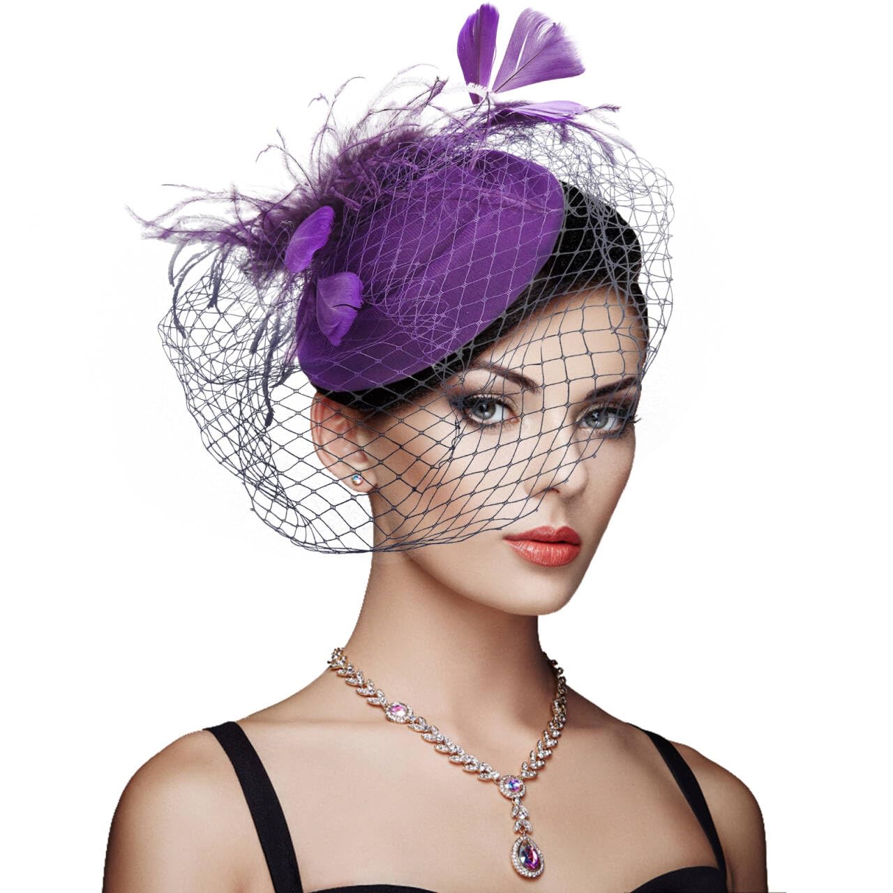 DRESHOW Fascinator Hats for Women Pillbox Hat with Veil Headband and a Forked Clip Tea Party Headwear