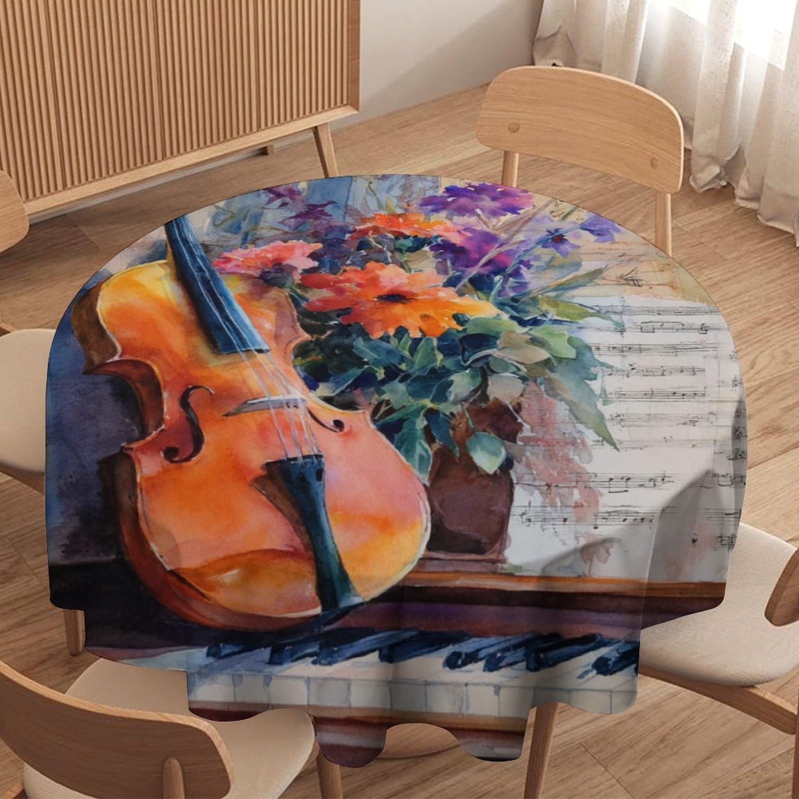 LUYYSKY Beautiful Abstract Music Theme Waterproof Round Tablecloth Fantasy Antique Music Instrument Violin Piano Floral Print Washable Table Cover for Kitchen-127 Wx127 L cm