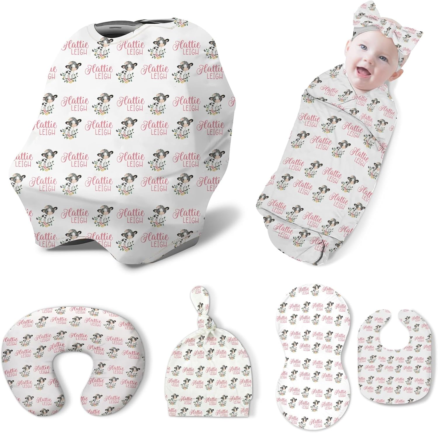 Custom Baby Nursing Swaddling Set: Personalized Custom Name Swaddle Blanket Car Seat Cover Bow Headband Hat Nursing Pillow for Infant Girl Elephant Animals Pattern(Fixed Size)