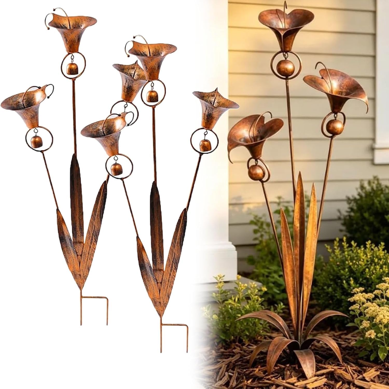 Three Calla Lilies Garden Stake, 2026 Flamed Copper Three Calla Lilies Sculpture with Bells, Handmade Novelty Rustic Copper Flower Finish Floral Stake for Yard Art, Gifts for Garden Lovers (2 pcs)
