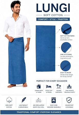 Men's Cotton Lungi Sarong Mundu Dhoti Kaili India Ethnic Dress Solid Colors Pre Stitched Ready to Wear