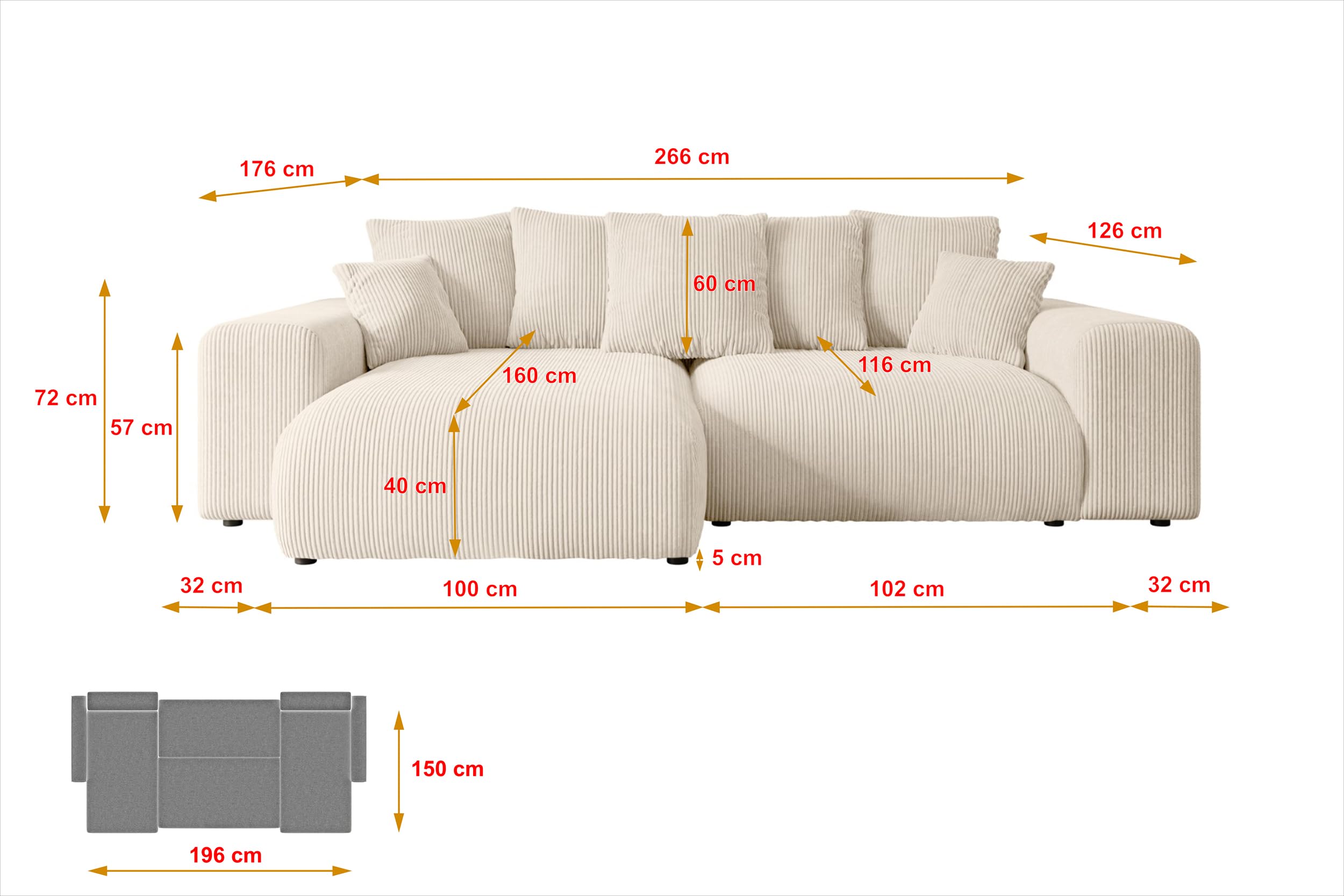 ALTDECOR Ecksofa mit Schlaffunktion L-Form Eskar-L 266x176x72 - Beige