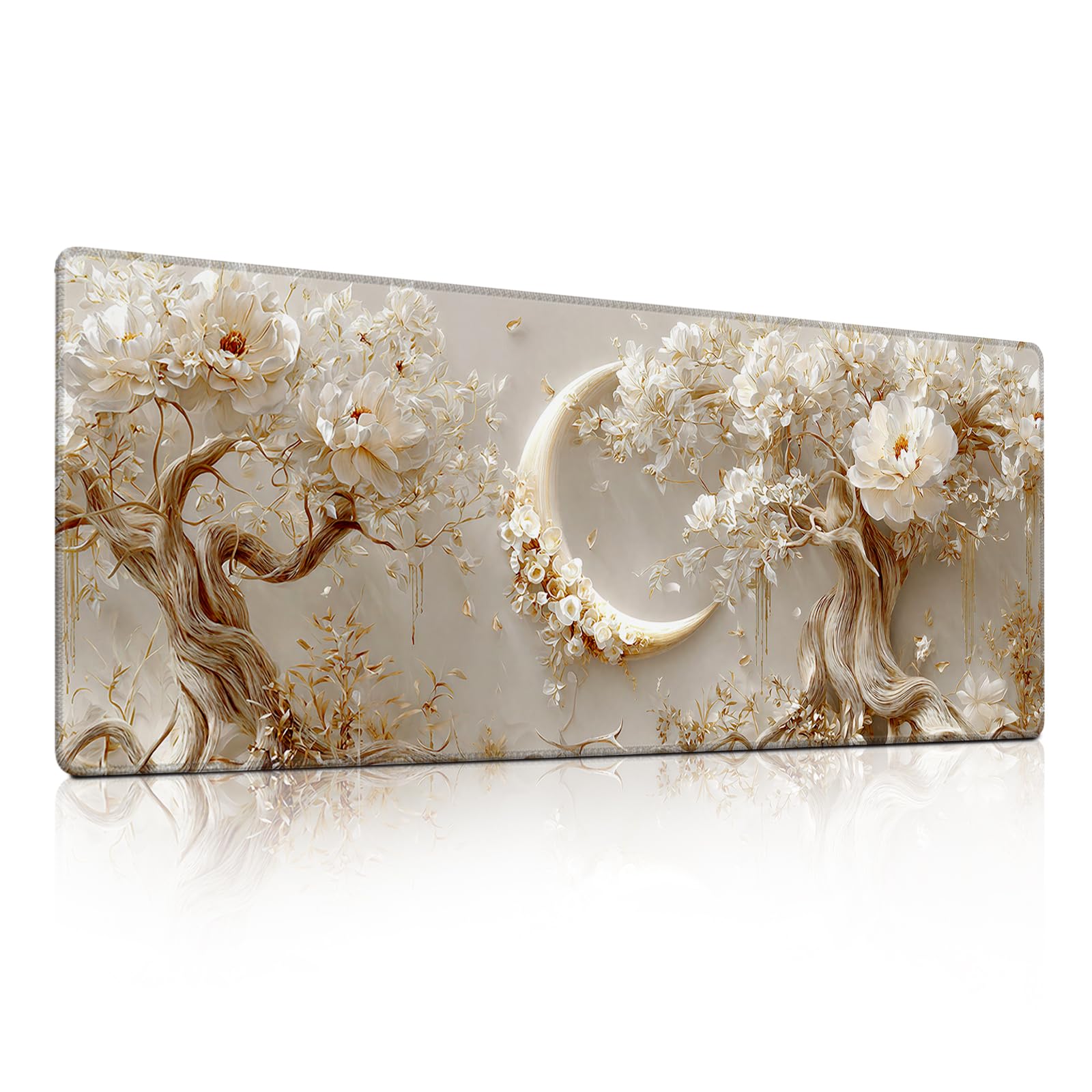 Floral Moon Mouse Pad, Luxury Gold White Flower Wall Decor Desk Mat - Large Non-Slip Office PC Laptop Desk Pad - 31.5"x11.8" x 3mm