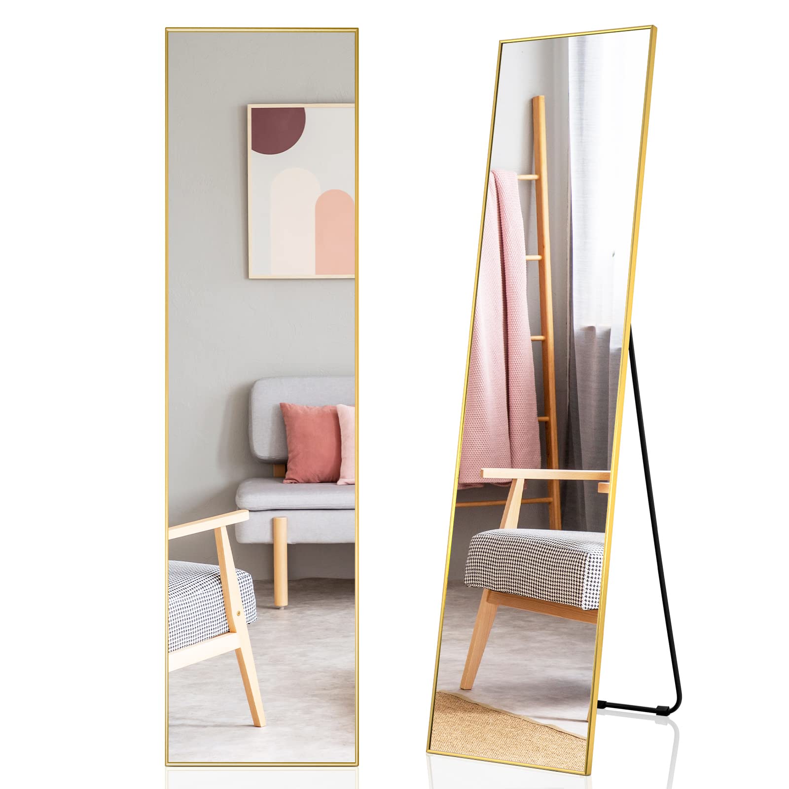 GOPLUS Espejo de Pie Cuerpo Entero 2 en 1 de Madera 160 x 40 cm, Espejo de Pared Rectangular para Puerta, Espejo de Longitud Completa, Membrana Protectora, Estilo Moderno, Salón Vestuario Baño, Oro