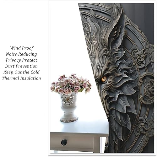 Miniatura 6 de Fenrir - Cortina de lobo vikingo, oscurecimiento de la habitación, con aislamiento térmico, tela de poliéster con aislamiento térmico, para sala de