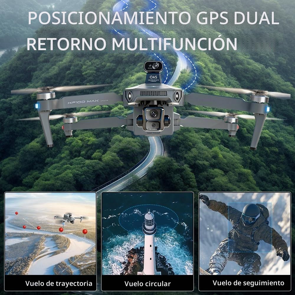 X-Verse KF100MAX Dron con cámaras 4K HD EIS, control remoto por pantalla, RC 6km, cardán de 3 ejes, evitación de obstáculos 360°, cuadricóptero plegable profesional para adultos - 2 baterías