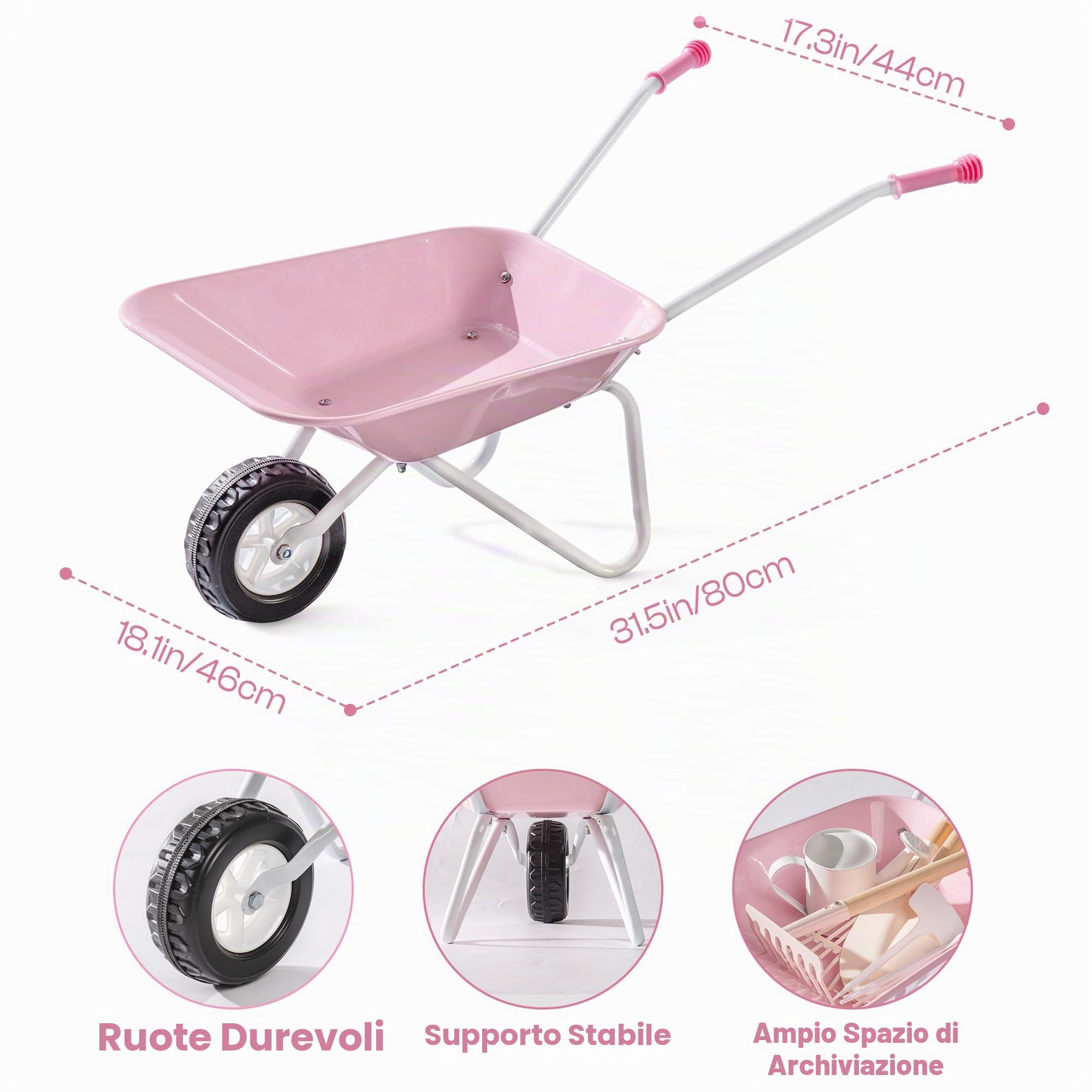 ROBOTIME Carriola in metallo per bambini con attrezzi da giardino, rosa, dai 3 anni in su | Con annaffiatoio, strumenti lunghi, 3 utensili manuali e 4 etichette per piante, per giardino, cortile e sabbiera
