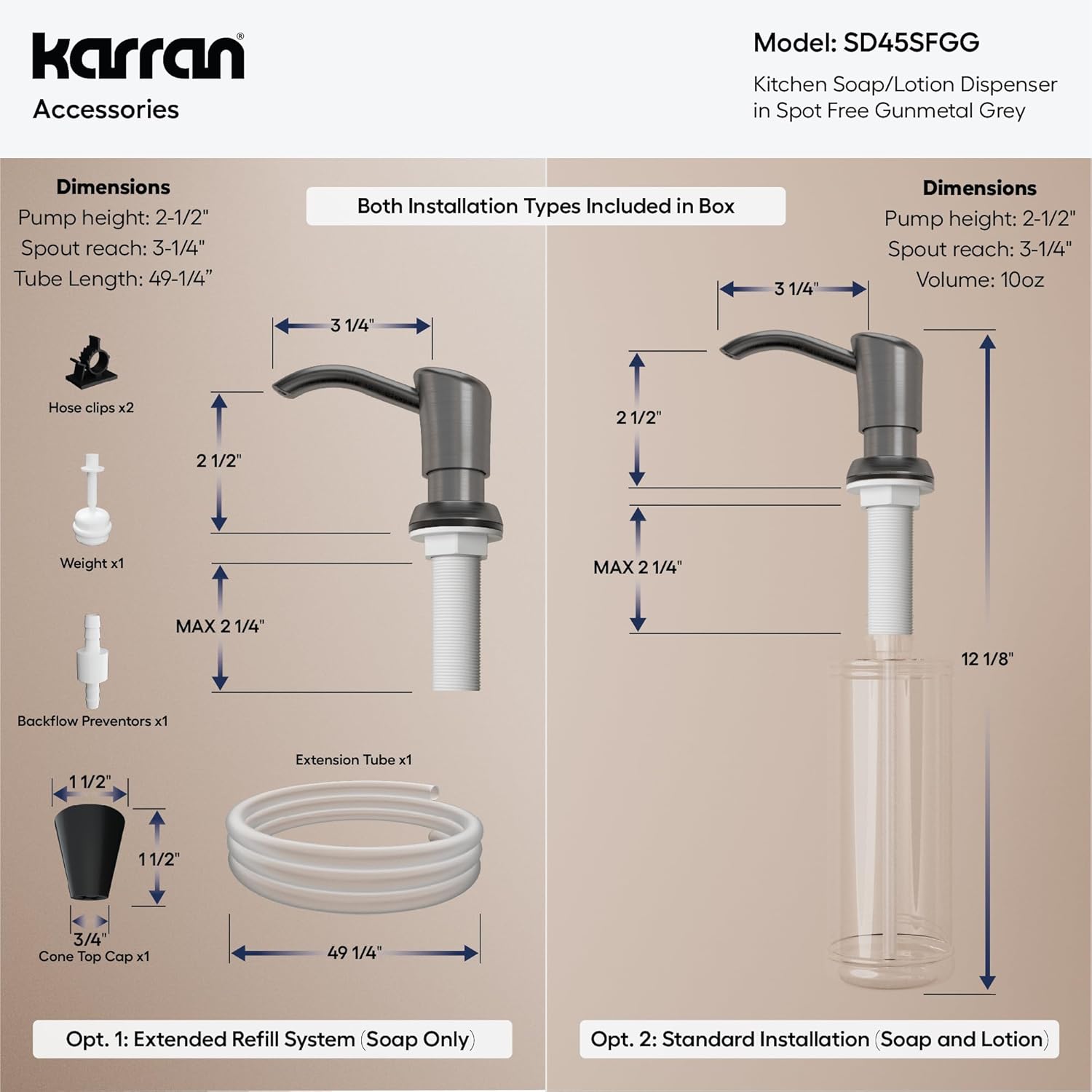Karran SD45 Kitchen Soap Dispenser, Built-in Countertop Soap/Lotion Pump with 47" Extension Tube for Large Bottles, Dual Refill System, Commercial-Grade Durability Spot Free Gunmetal Grey