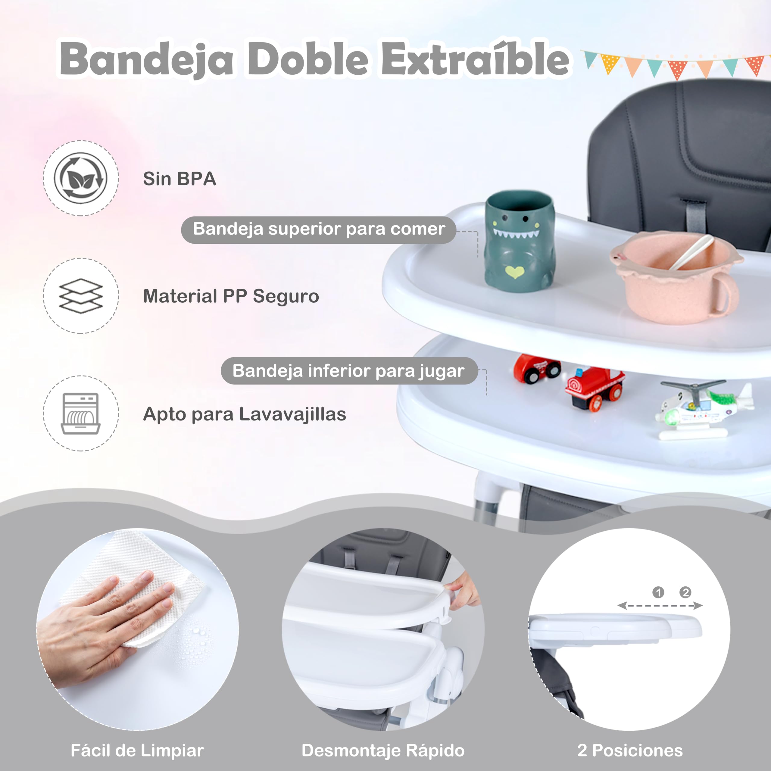 GOPLUS Silla Alta Plegable para Bebés, Trona Convertible para Niños Pequeños con Altura Ajustable, Respaldo, Reposapiés, Bandeja Extraíble y Cojín de Asiento, Silla Portátil con Ruedas (Gris Oscuro)