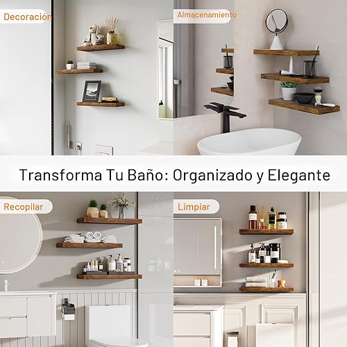 Miniatura 8 de BAYKA Estantes flotantes de baño para pared, estante sobre el inodoro, madera rústica para dormitorio, cocina o sala de estar, estantes de B. Marrón