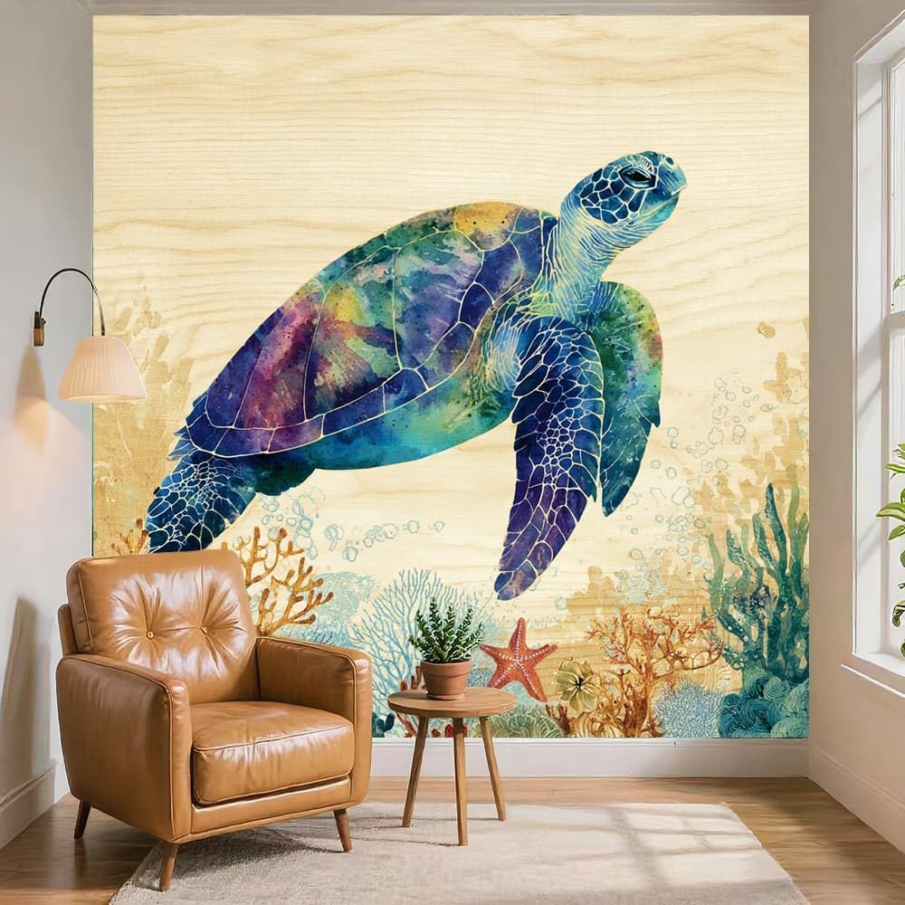 Tapeta na flizelinie XXL, tapeta ścienna, efekt 3D, dekoracja ścienna, żółw morski, fototapeta, samoprzylepna, nowoczesny design, niebieski wzór, tapeta do salonu, sypialni, biura, korytarza, 350 x