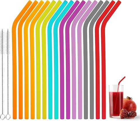 16 Piezas Pajitas reutilizables silicona grado alimenticio colores pajitas silicona de forma curva con 2 cepillos, para yogur batidos jugo café cóctel niños adultos