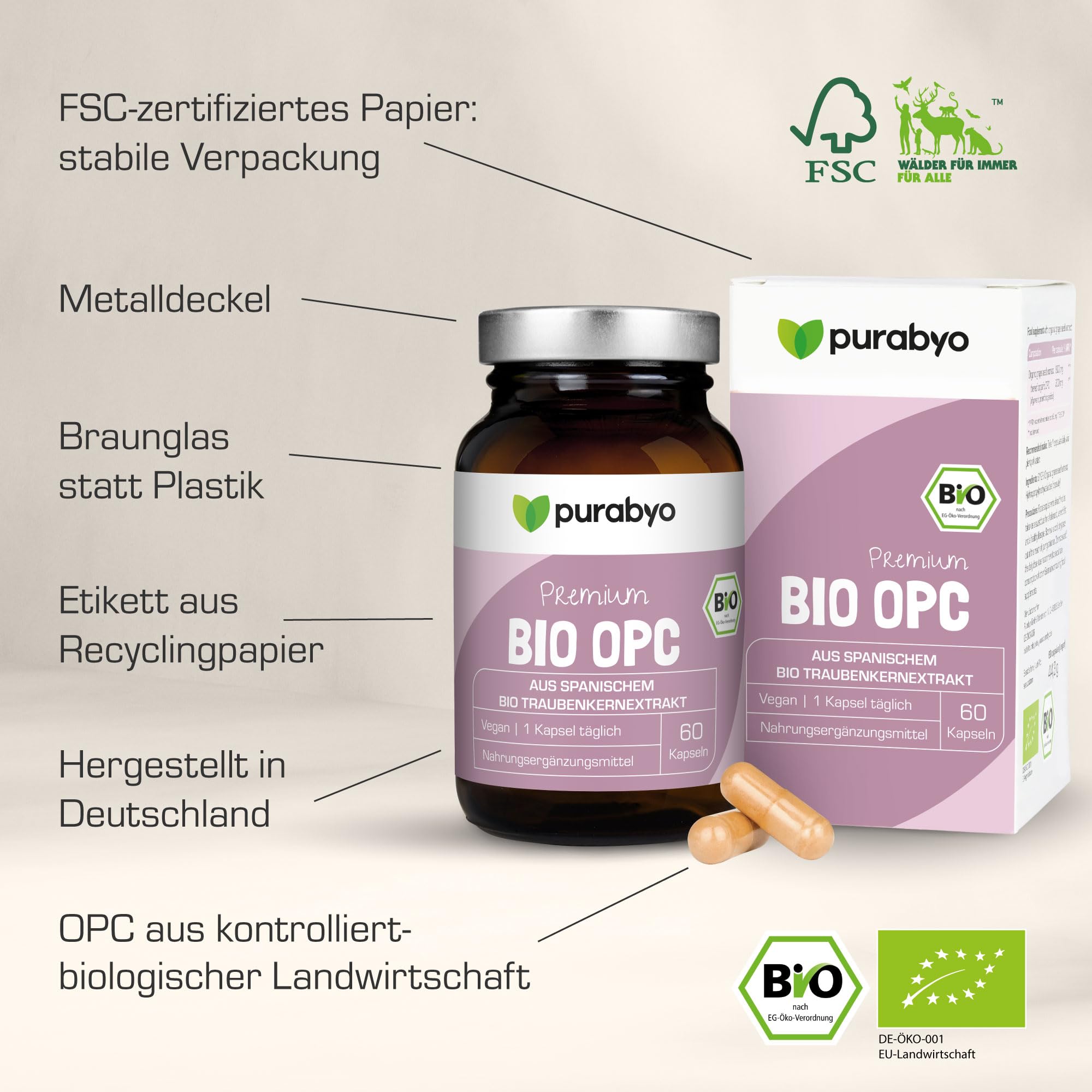 Purabyo OPC BIO Traubenkernextrakt | im Glas | 300mg OPC pro Kapsel (HPLC laborgeprüft) | Bio Anbau in Spanien | wasserextrahiert | OHNE Zusätze | vegan, laborgeprüft, in Deutschland hergestellt