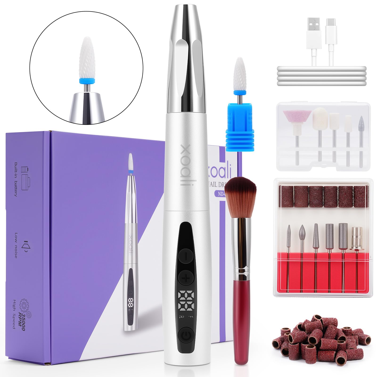 Xoali Torno para Uñas Profesional 35000rpm,13 en 1 Lima Eléctrica Uñas Recargable por USB, Torno Uñas sin Cable con Velocidad Ajustable, Kit de Manicura y Pedicura para Salón de Uñas y Manicura Casera