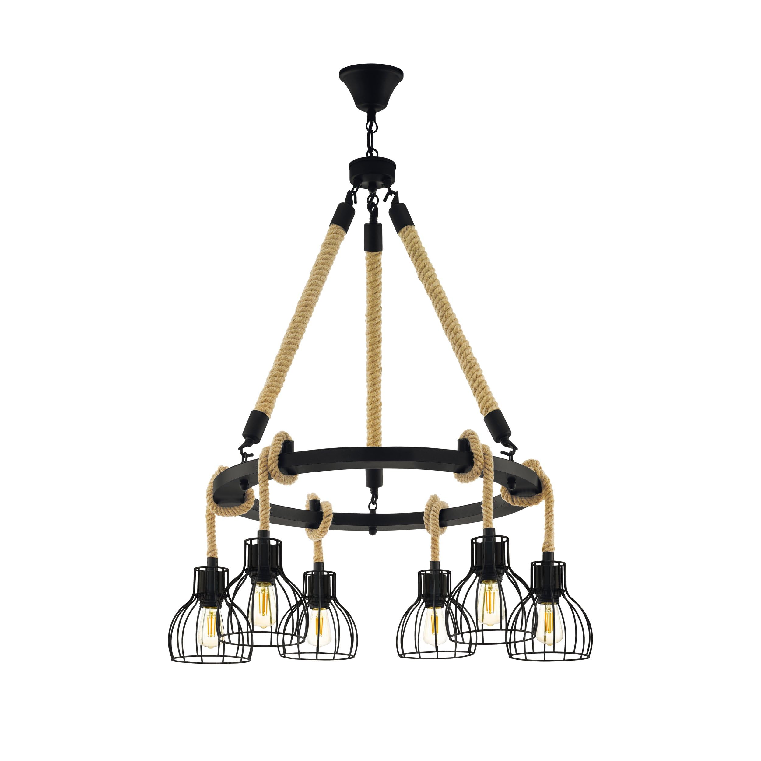 Eglo Light/Black Rampside Six Lamp Hemp Rope Round Pendant