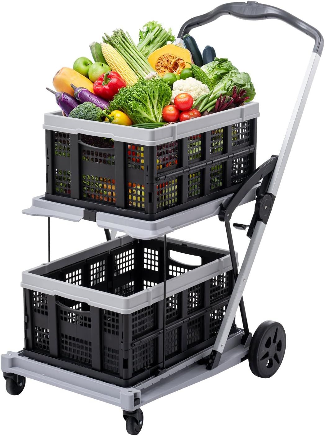Collapsible Shopping Cart on Wheels, Folding Shopping Cart with 360° Swivel Wheels, Multi Use Utility Cart Adjustable Portable Trolley, Used for Picnic, Supermarket, Gray