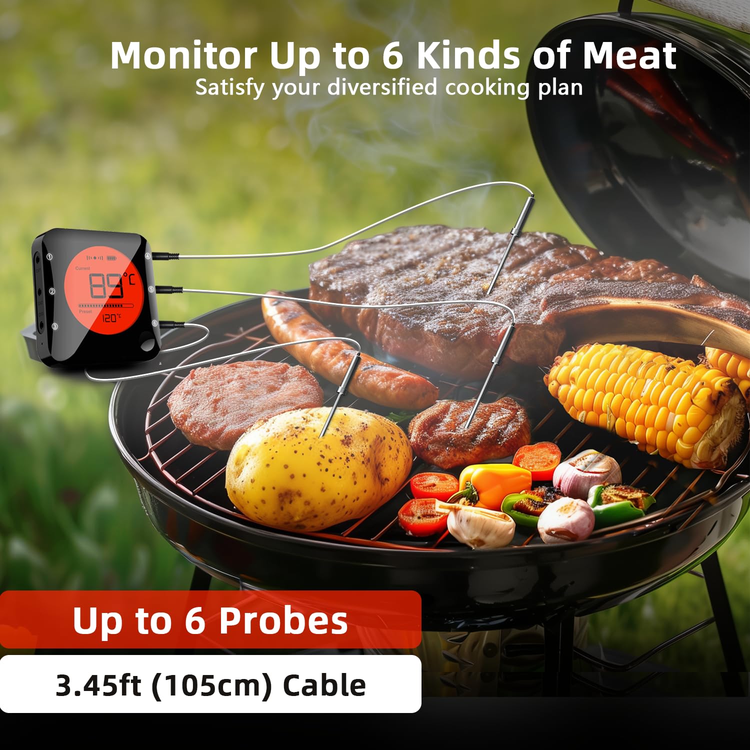 BFOUR Termometro da Cucina Digitale Termometro per Cucina Bluetooth Termometro per Carne Barbecue Wireless Termometro da Forno con Timer BBQ Griglia LED Display App 6 Sensori (Nero Chiaro, 3 Sonde)