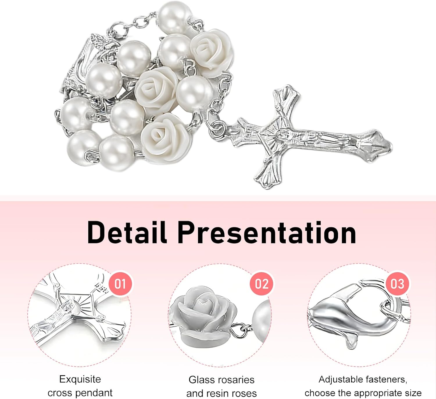 2PCS Car Rosary Rearview Mirrors, Rosary Rear Mirror Ornament, Personalized Cross Mirror Hanging, Rose Beads Religious Auto Hanging Decor Accessories for Car, Truck, Bike, Motorcycle (White)