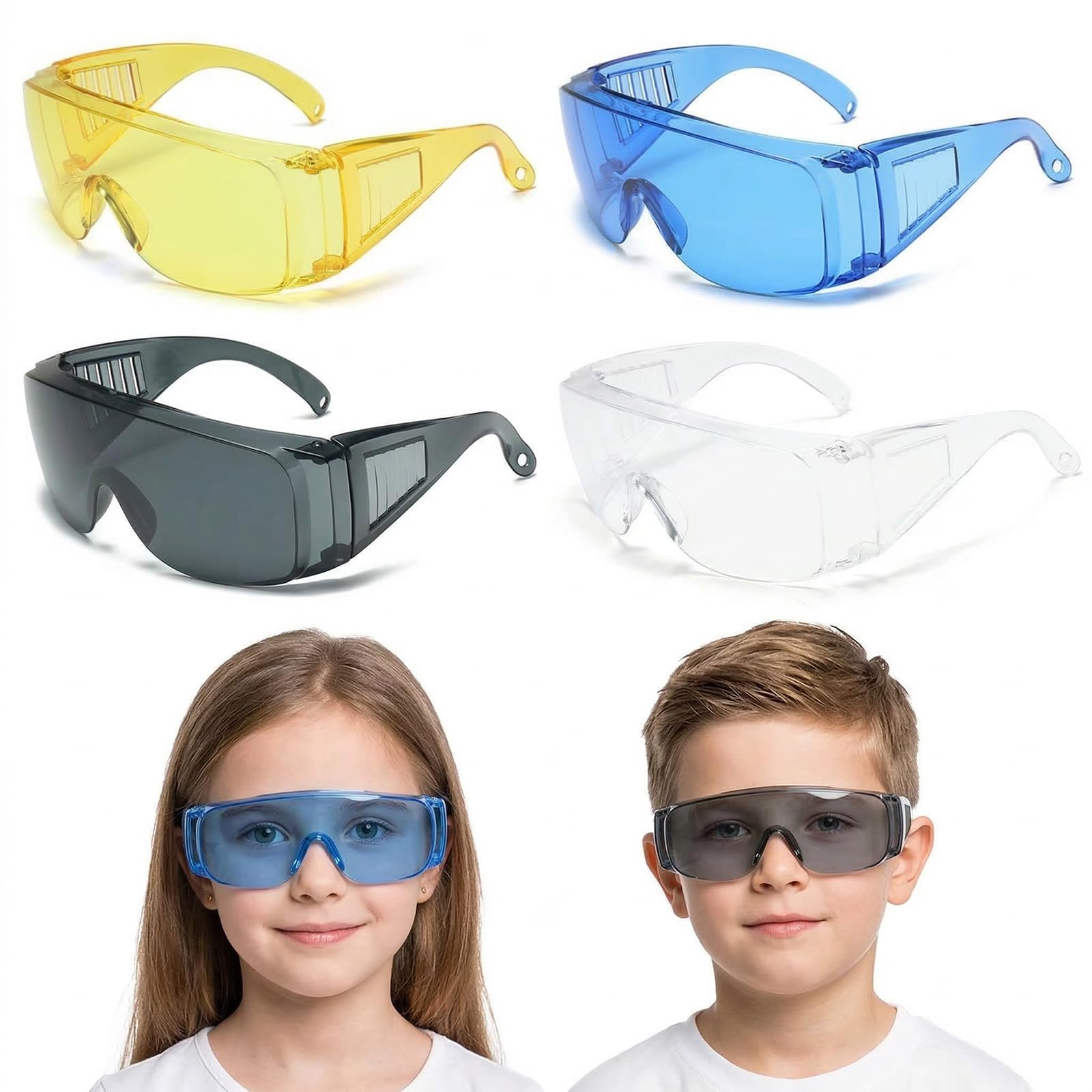 4 Pezzi Occhiali Protettivi per Bambini, Occhiali di Sicurezza Regolabili con Lenti Antiappannamento - Blu, Trasparente, Grigio, Giallo - Protezione Occhi per Esperimenti Scientifici e Giochi